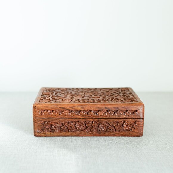 Vintage Other - Vintage Hand Carved Wooden Jewelry Trinket Memorial Box Himalayan Jungle Wood